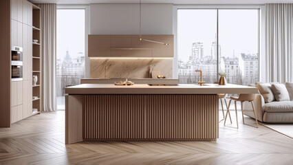 Wall Mural - A sunlit kitchen with a city view, complemented by the white interior and the wood built-in elements. Photorealistic illustration, Generative AI