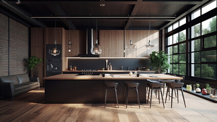 Wall Mural - A sunlit kitchen with a brick wall and wood finish built-ins complemented by black accents, creating a warm and contemporary ambiance. Photorealistic illustration, Generative AI