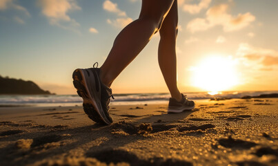 Woman walking with sneakers on the beach by the sea at sunset or sunrise - Theme Sport, Exercise, Fitness - Generative AI