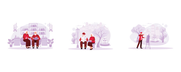 Elderly couples spend time together in the living room looking at albums. Elderly couple sitting together in the park. Old male painter painting on canvas in the garden. Trend Modern vector flat illus