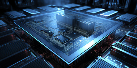 Printed circuit board futuristic server/Technology blue bright background of the abstract computer motherboard, technological processes, science, education