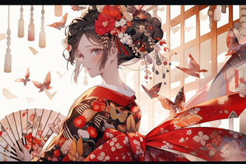 Wall Mural - Generative ai. Geisha in kimono with umbrella spring flowers