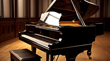 Photo Of A Black Piano In A Concert Hall. Music Lovers Background