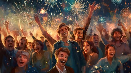 Wall Mural - People celebrating Happy New Year fireworks background, Generative ai.