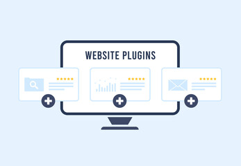 Website plugin concept - enhance ecommerce CMS with extensions. Improve digital marketing with SEO plugins and web developer extensions. Flat design vector illustration