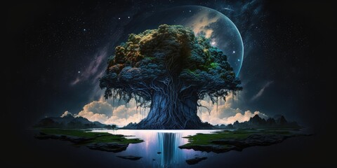 Wall Mural - fantasy fairytale sphere island floating in universe of night sky. superlative generative ai image.