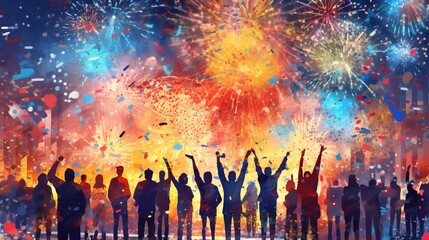 Wall Mural - People celebrating Happy New Year fireworks background, Generative ai.