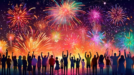 Wall Mural - People celebrating Happy New Year fireworks background, Generative ai.