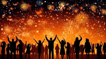 Wall Mural - People celebrating Happy New Year fireworks background, Generative ai.