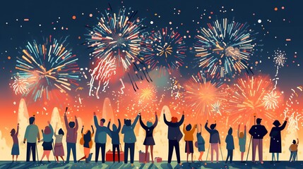 Wall Mural - People celebrating Happy New Year fireworks background, Generative ai.