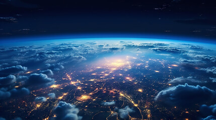 Wall Mural - panoramic view on planet earth globe from space. glowing city lights, light clouds. generative ai