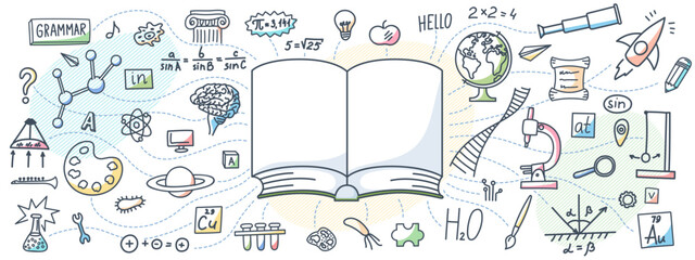 Wall Mural - Book with hand drawn school subjects doodle on white background. Education concept.