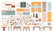 © spirka.art - Kitchen dining elements set. Cute kitchen decor. Cooking furniture. Fridge and oven. Kitchenware shelves.