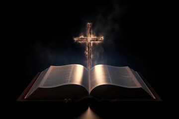 Wall Mural - An open antique bible book and a glow-in-the-dark burning cross. Creative concept of religion, faith, hope and scripture on black background with copy space for text. Generative AI photo imitation.