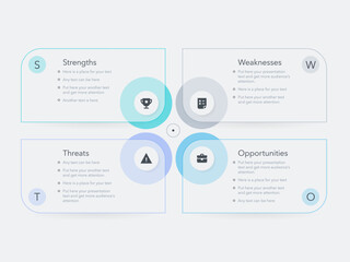 Poster - SWOT diagram template with four colorful choices. Flat presentation chart with thin lines, icons and places for your content.