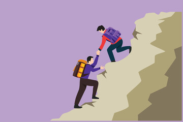 Character flat drawing active two men hiker helping each other on top of mountain. Teamwork hiking help each other trust assistance. Business goal metaphor concept. Cartoon design vector illustration