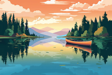 Wall Mural - canoeing boat on peaceful lake summer nature landscape illustration Generative AI