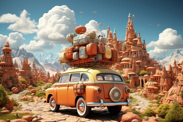 Suitcase Transforms into a Car: A Journey in 3D: Cartoon Illustration, ai generate