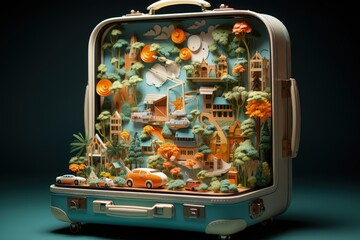 The Suitcase Car: A Journey Across Borders: 3D Cartoon Illustration, ai generate