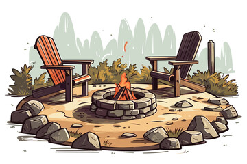 Fire axe on a log backyard fire pit relax vector art illustration on white background.