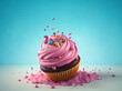Realistic 3D mix of multi colored sweet cupcake and donuts with sprinkle on pastel background