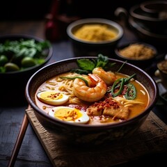 Penang assam laksa – Malaysia food ,top view,rustic style background, copy space,Generative AI.