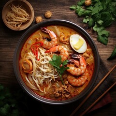 Penang assam laksa – Malaysia food ,top view,rustic style background, copy space,Generative AI.