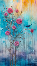 A Bush Of Pink Flowers And A Bird Sitting On It. Grunge Style Poster. AI Generated.