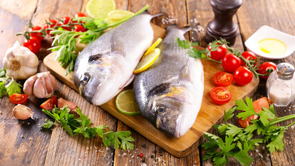 Poster - Fresh fish seabass, dorado with fresh ingredient for cooking