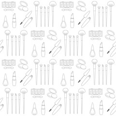 Wall Mural - Make up line icons of different cosmetic products. Vector seamless pattern. Black line elements on white background. Best for textile, wrapping paper, package and home decoration.