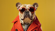 Cool looking Bulldog dog wearing sunglasses and red funky fashion dress - jacket, glasses. Yellow theme background. Stylish animal posing as supermodel. Generative AI