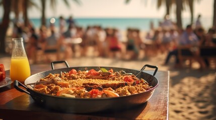 paella or bar food in summer on the beach