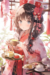 Wall Mural - Sakura tea. Closeup of cherry blossom herb tea. Generative ai