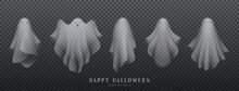 Set Of Realistic Ghosts Isolated On Checkered Background. Collection Of Transparent Ghosts For Halloween Decoration. Vector Illustration Of 3d Scary Poltergeists Or Phantoms. Set Of Cute Spirits.
