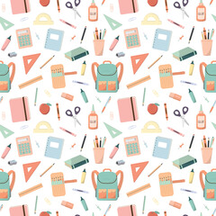 School seamless pattern with cartoon school supplies, stationary. Graphic for wrapping paper, scrapbooking, stationary, wallpaper, kids textile. Back to school theme. Isolated on white background.