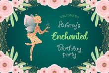 Cute Fairy Backdrop For A Birthday Party. Beautiful Poster With A Golden Pixie Silhouettes And A Floral Frame On A Teal Background. Vector Illustration 10 EPS.