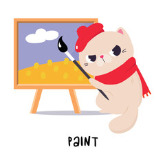 Poster - Funny Cat in Beret Paint on Canvas with Brush as English Verb for Educational Activity Vector Illustration