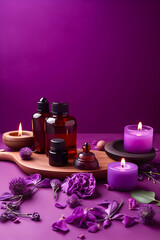  Beautiful spa composition on purple background. Natural skincare cosmetic products. AI generated