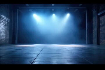 Empty dark blue scene background, neon light and spotlights. Generative AI