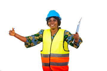 Poster - close up of happy beautiful female engineer in protective helmet with clipboard showing welcome gesture.