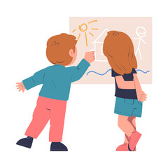 Poster - Little Boy and Girl Drawing on Wall Being at Kindergarden Vector Illustration