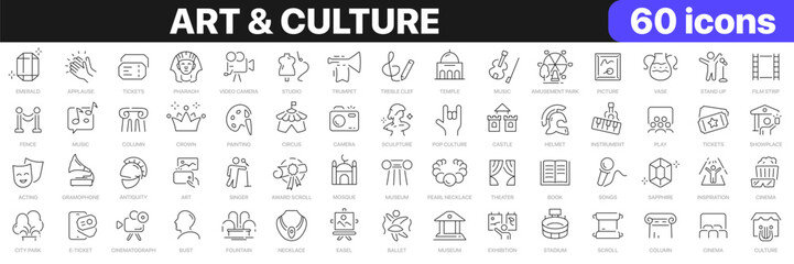art and culture line icons collection. museum, history, buildings, music, entertainment icons. ui ic