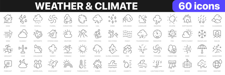 Wall Mural - Weather and climate line icons collection. Natural disasters, nature, environment icons. UI icon set. Thin outline icons pack. Vector illustration EPS10