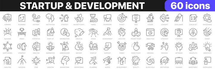 Aufkleber - Startup and development line icons collection. Business, concept, strategy, vision, rocket icons. UI icon set. Thin outline icons pack. Vector illustration EPS10