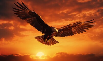  Bald Eagle Flying on Sunset Background. Generative Ai