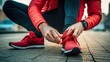 canvas print picture - Mann bindet sich seine Laufschuhe, Joggen, Sport, laufen, generative AI