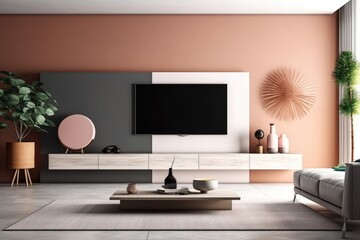 Wall Mural - Living room with flat plasma television. Generative AI