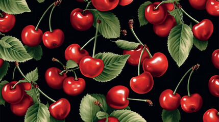 Vector illustration of sweet cherry berries texture. Cherry pattern for printing on fabric, paper, wallpaper. Ripe 3d cherry illustration. Abstract cherry print, banner. Fruit berry background.