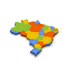  Brazil political map of administrative divisions - Federative units of Brazil. Colorful 3D vector map with country province names and dropped shadow.