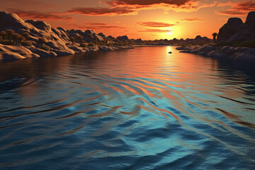 Poster - An image showcasing abstract interpretations of the Nile River, with flowing lines and serene blue tones. Generative AI technology.